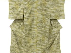 アンティーク　霞に草葉模様織り出し手織り節紬着物